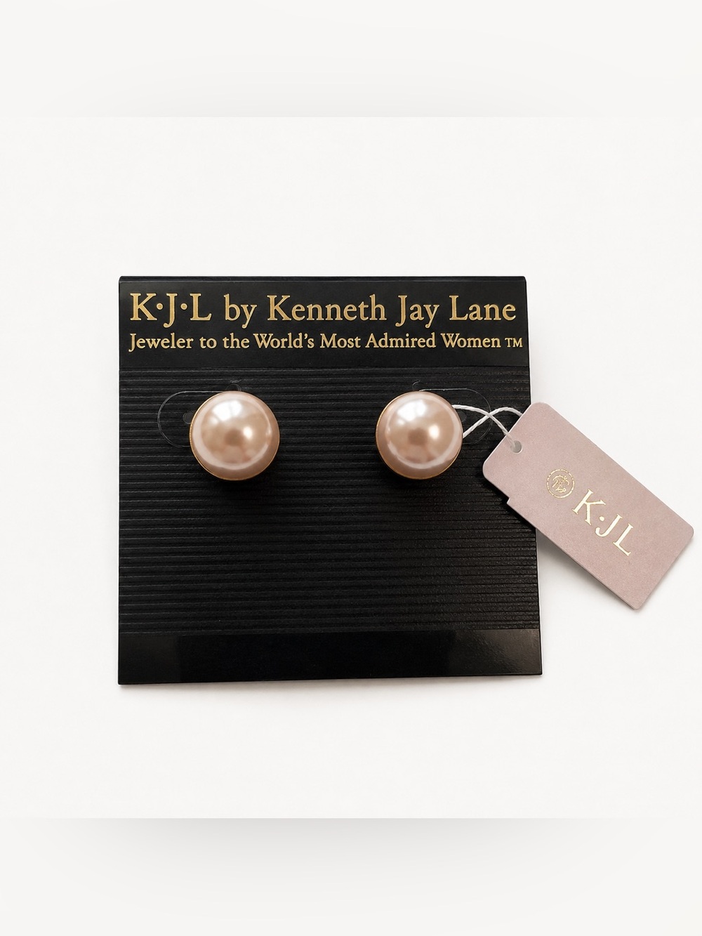Kenneth Jay Lane Pearl Button Stud Earrings in Creamy Champagne Pinky Faux Pearl